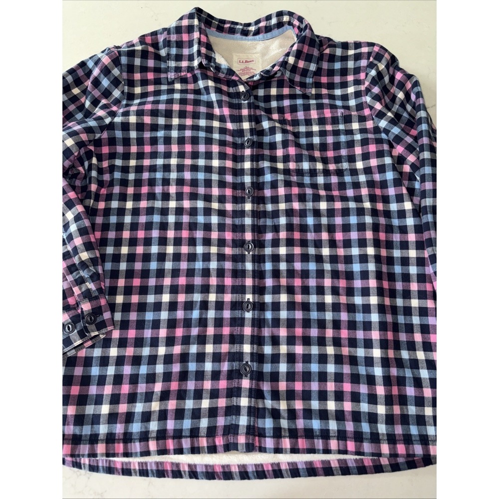 LL Bean Fleece Lined Flannel Shirt jacket Womens L Plaid Button up Shacket Navy